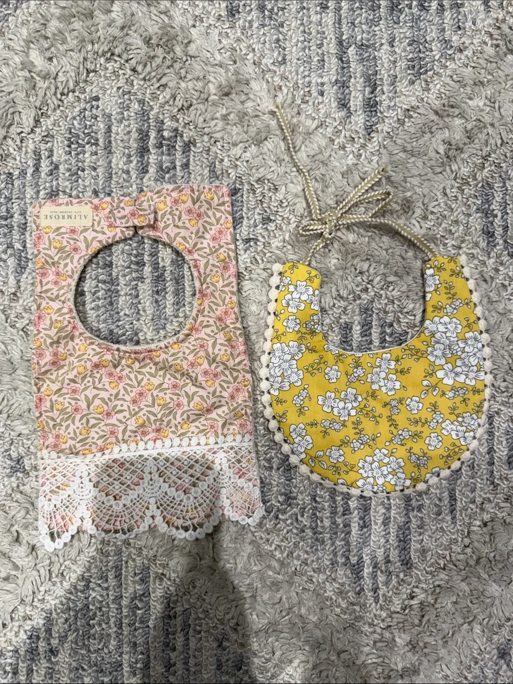 Yellow Floral Baby Bib with Adjustable Tie  and Pink floral bib with velcro